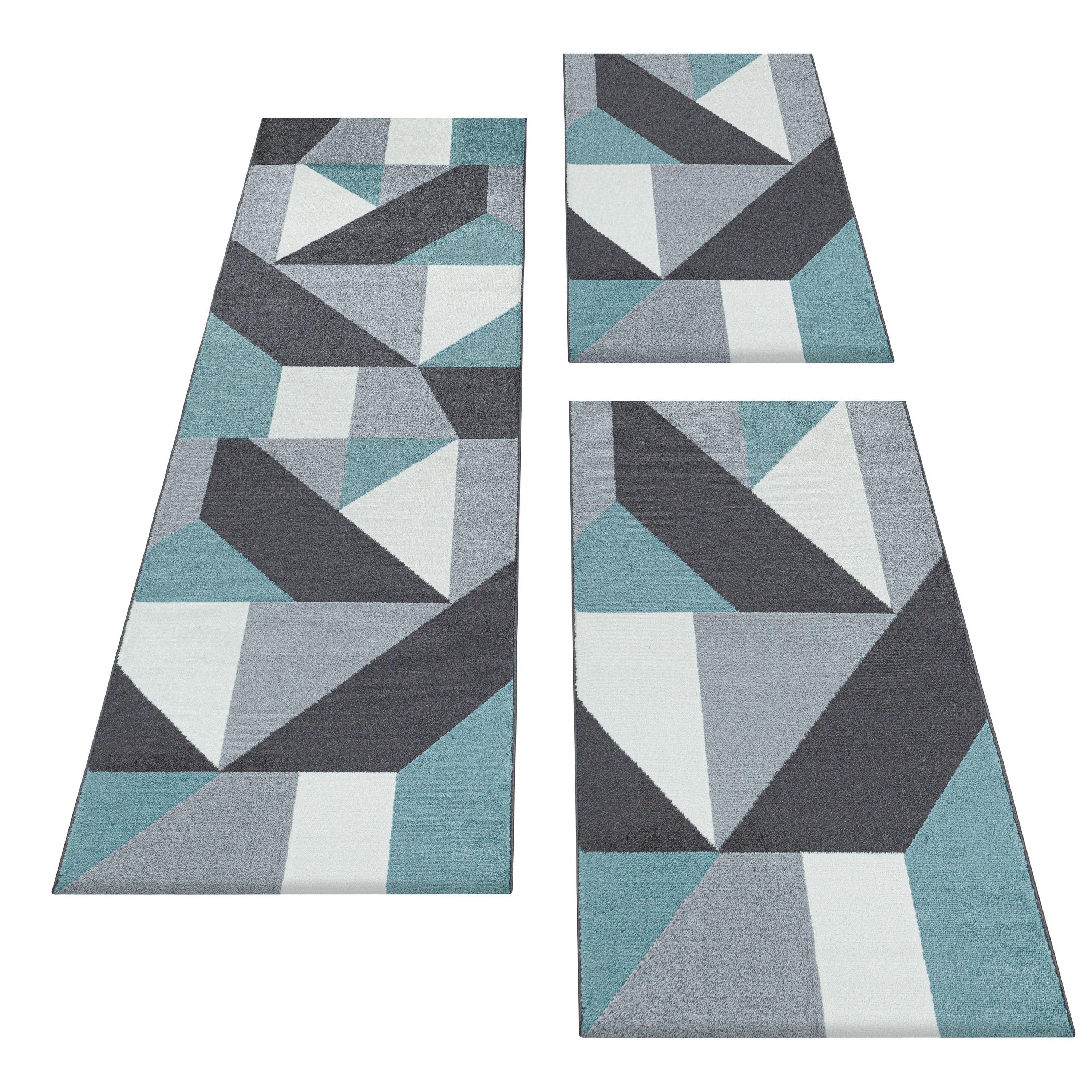 Kurzflor Teppich Bettset Blau Muster Geometrisch Modern Läuferset 3 Teile Weich