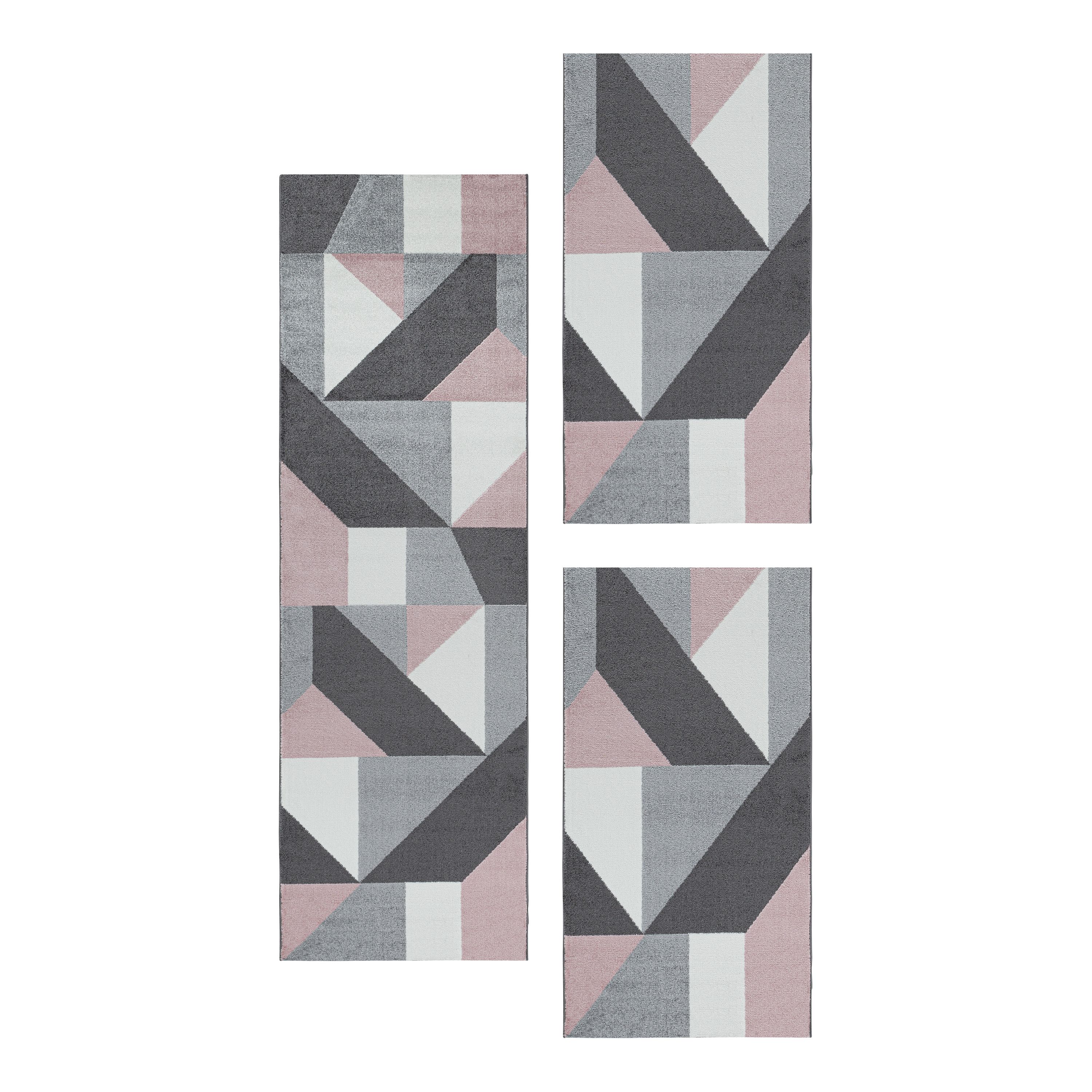 Kurzflor Teppich Bettset Rosa Muster Geometrisch Modern Läuferset 3 Teile Weich