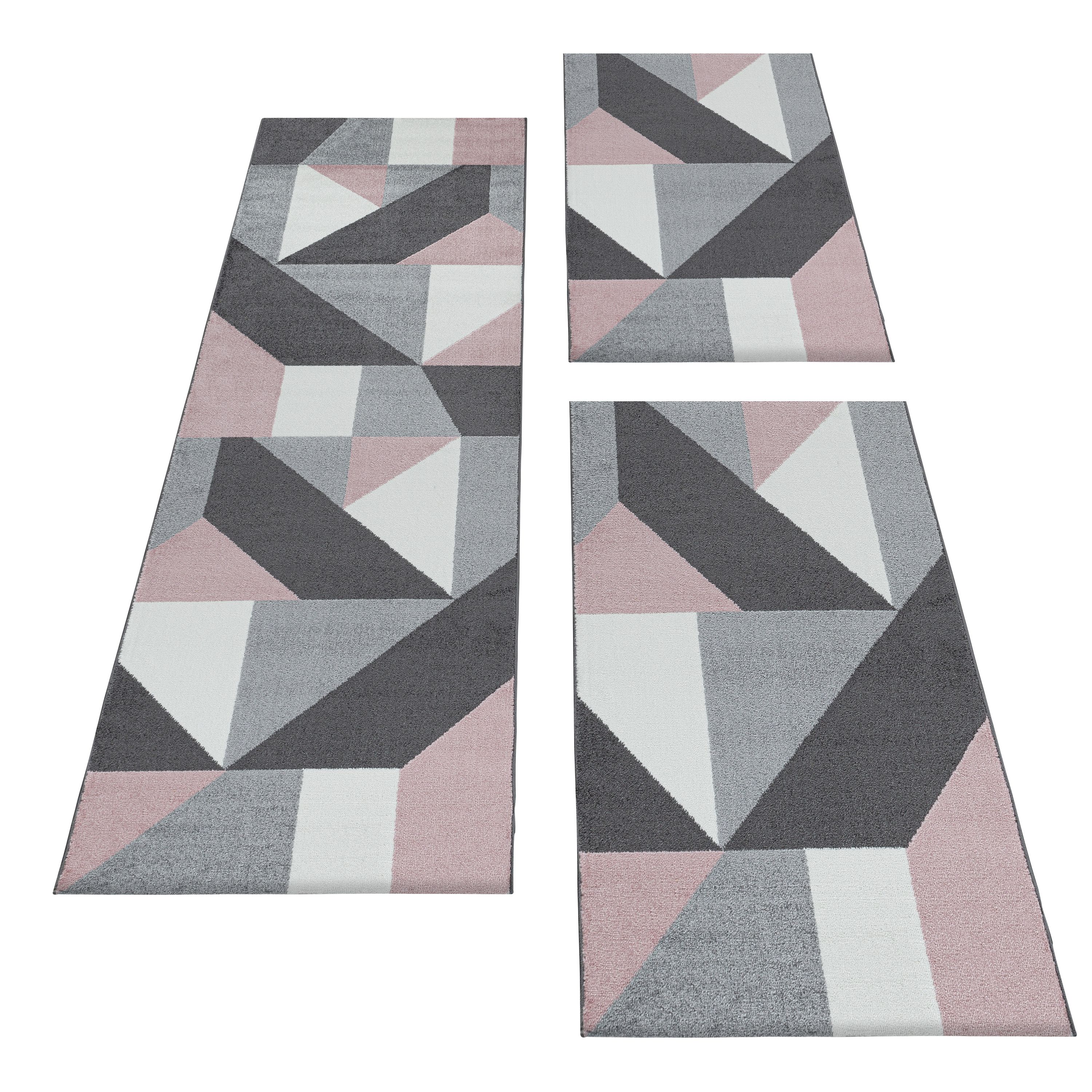 Kurzflor Teppich Bettset Rosa Muster Geometrisch Modern Läuferset 3 Teile Weich