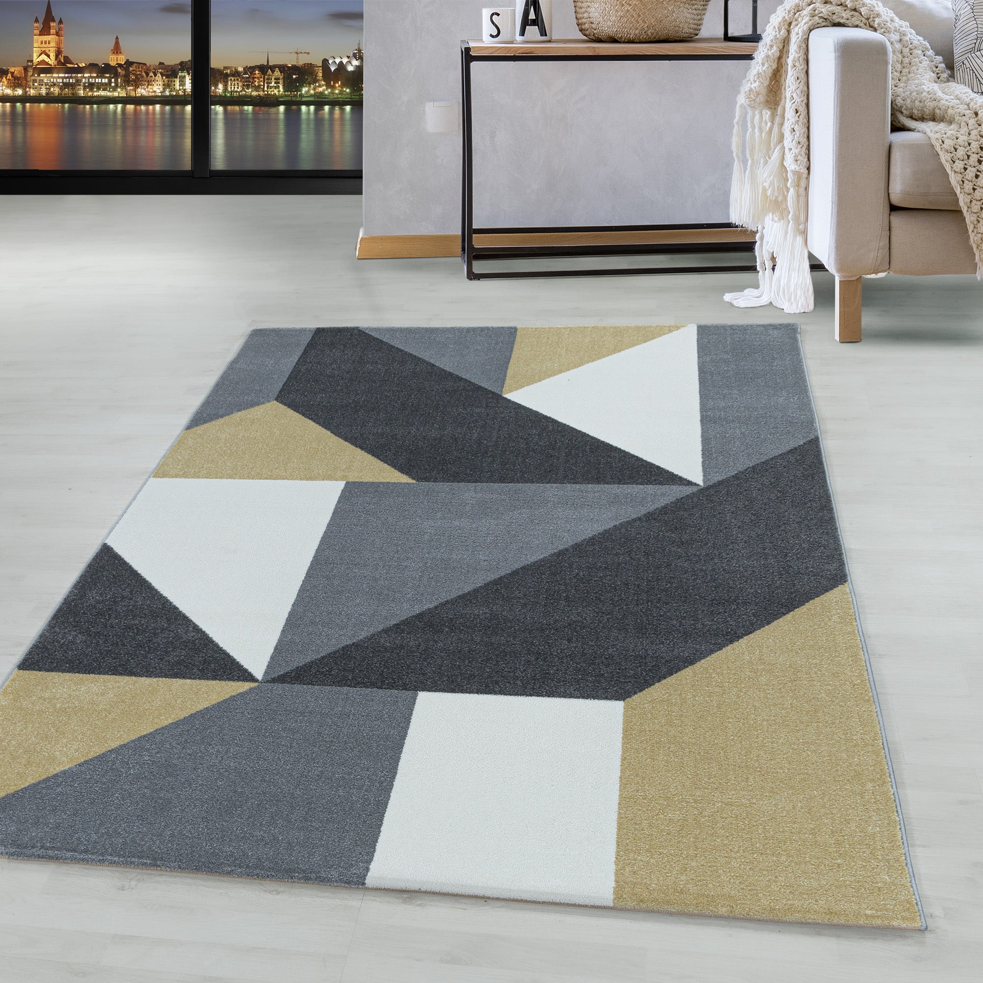 Kurzflor Teppich Gelb Grau Muster Geometrisch Modern Wohnzimmerteppich Weich