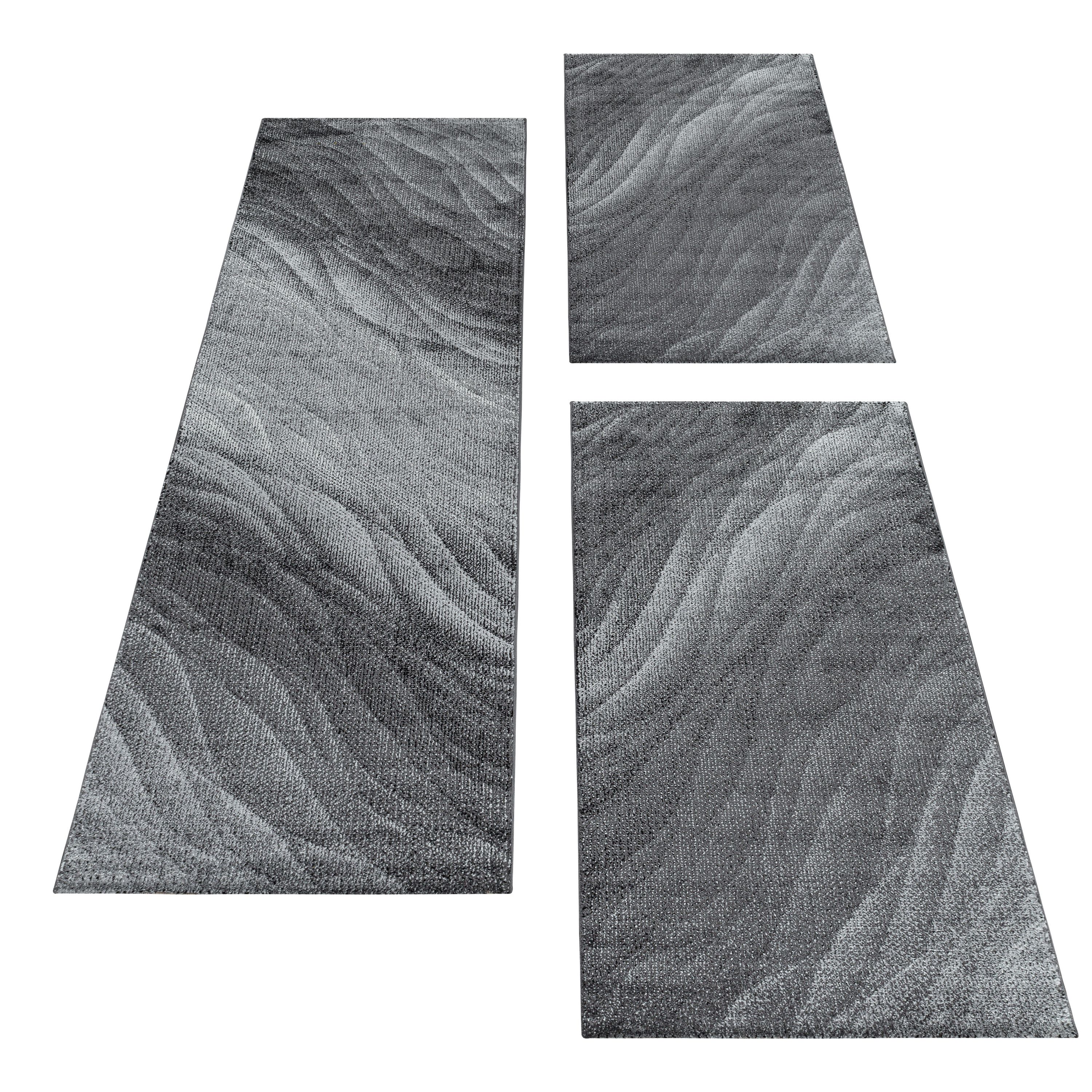Kurzflor Teppich Bettset Grau Muster Modern Wellen Linien Läuferset 3 Teile Set