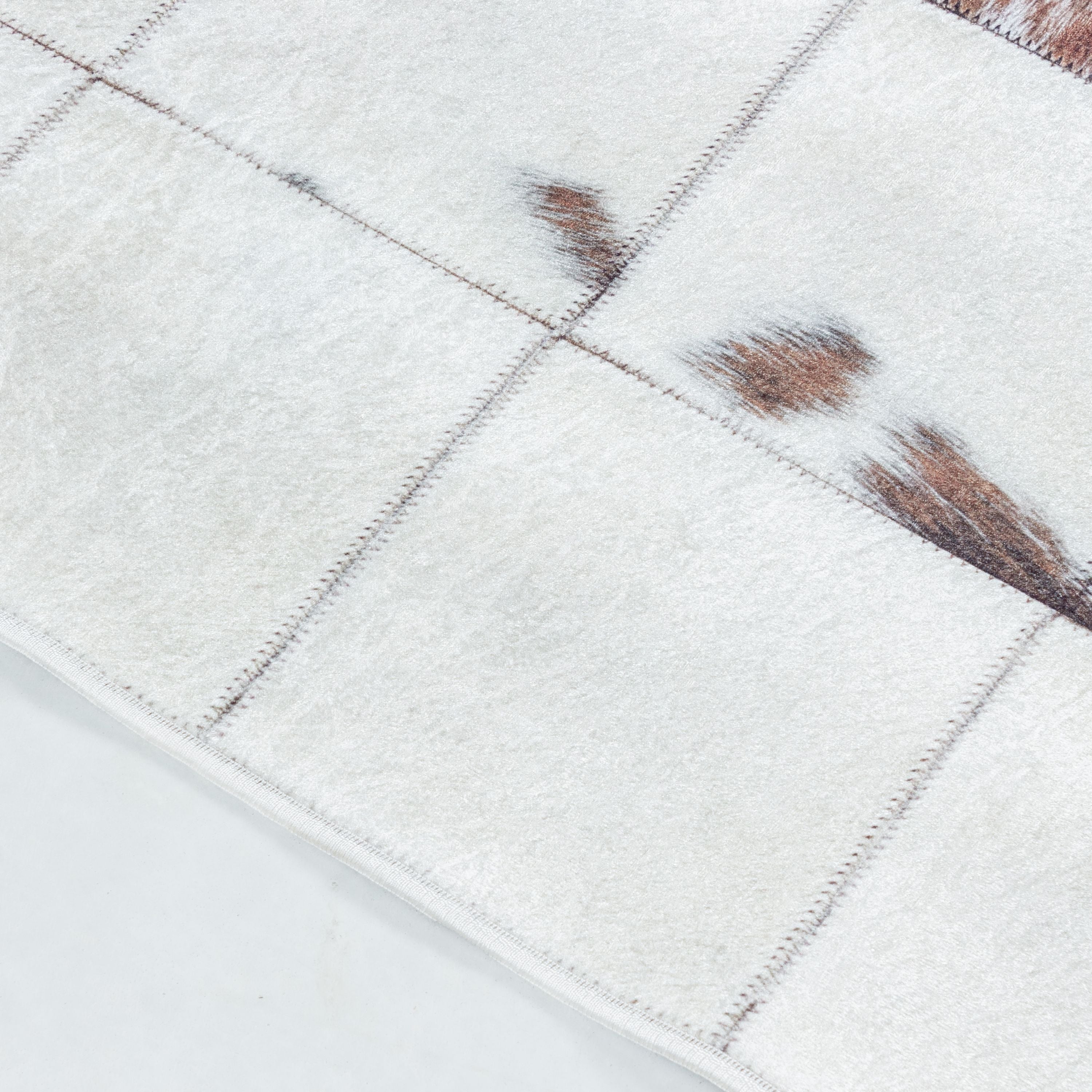 Teppich Waschbar Patchwork Antirutsch Wohnzimmerteppich Felloptik Weiß Braun
