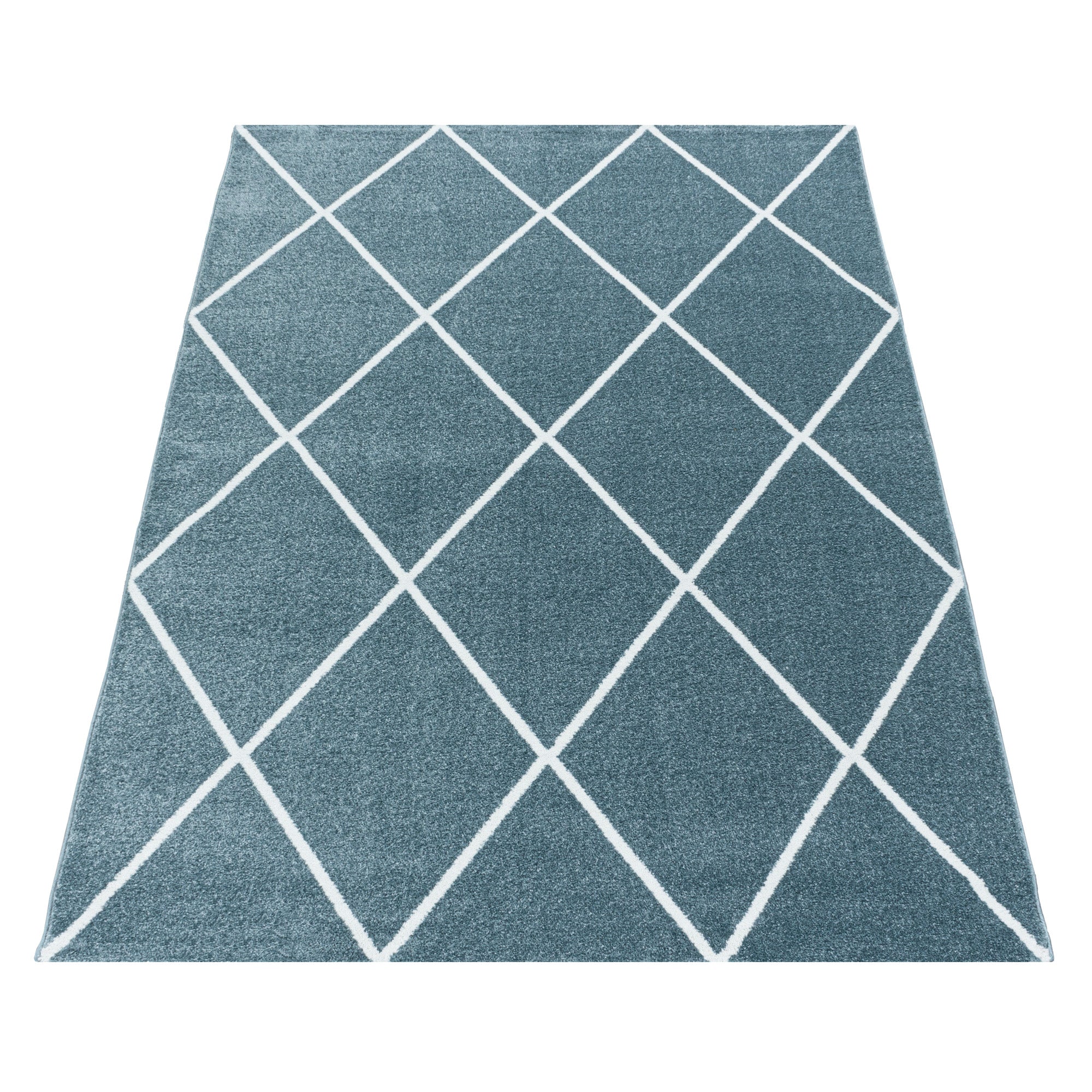 Kurzflor Teppich Blau Design Raute Modern Linien Wohnzimmerteppich Unifarben
