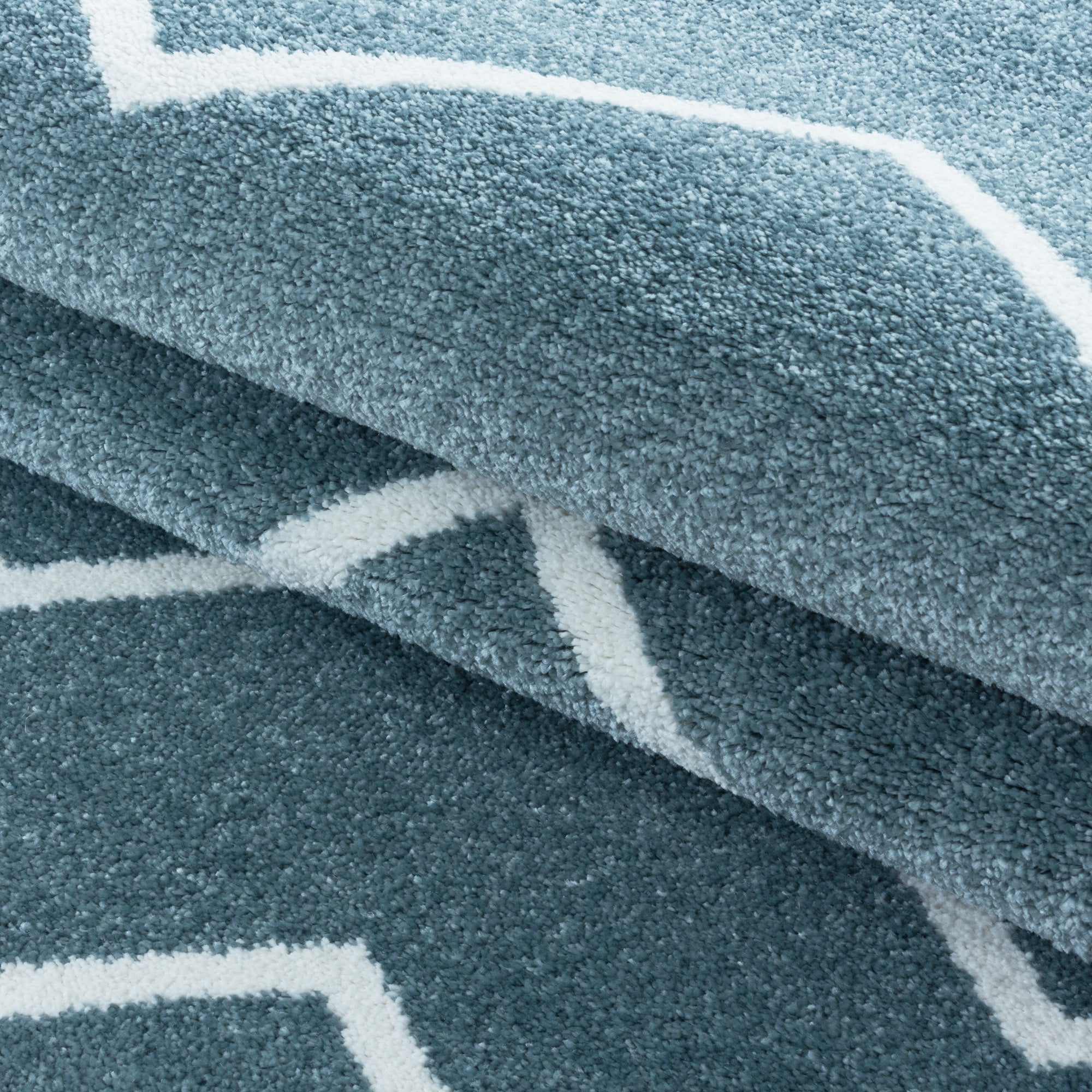 Kurzflor Teppich Bettset Blau Wellen Linien Design Wohnzimmerteppich Läuferset