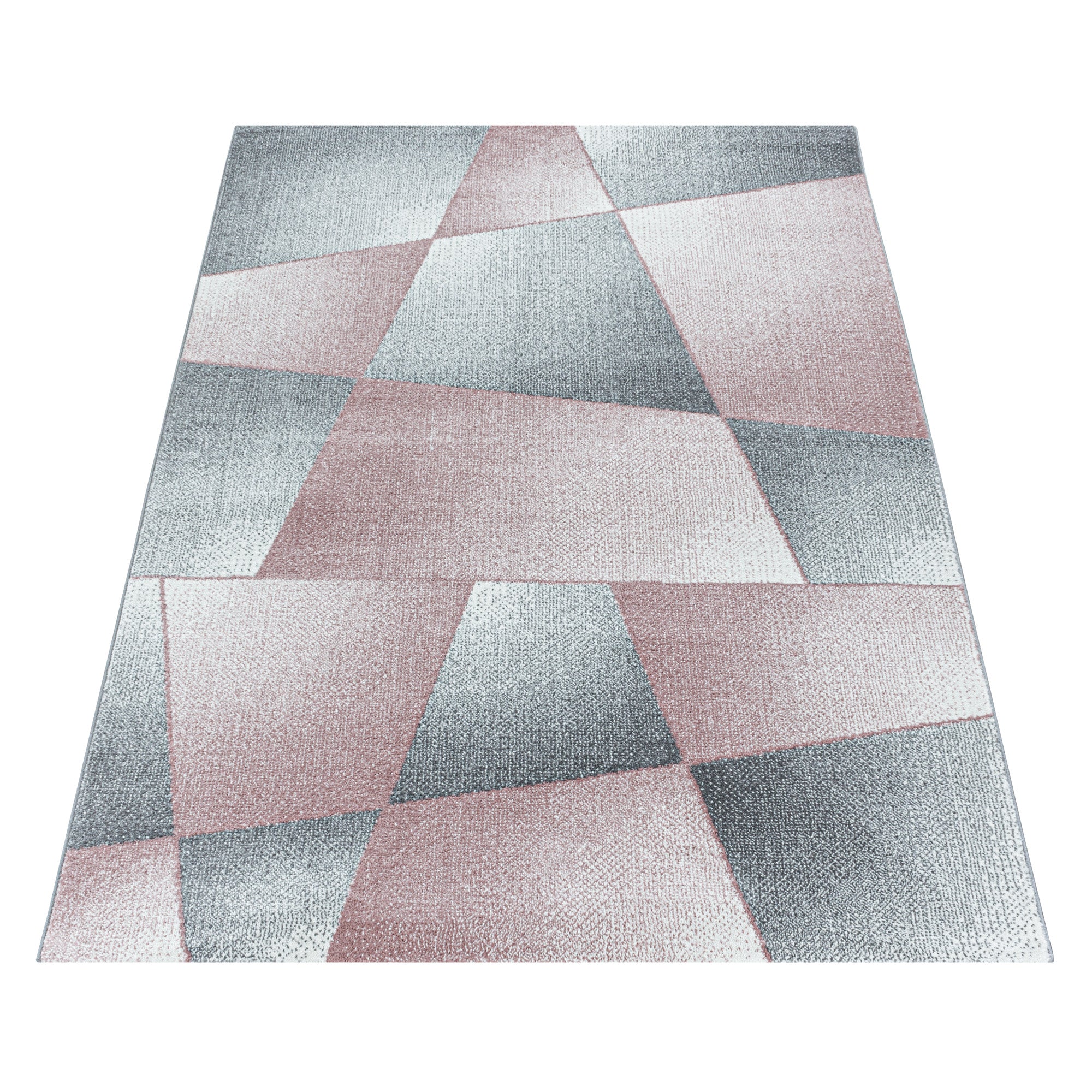 Kurzflor Teppich Rosa Grau Design Abstrakt Geometrisch Wohnzimmerteppich Weich