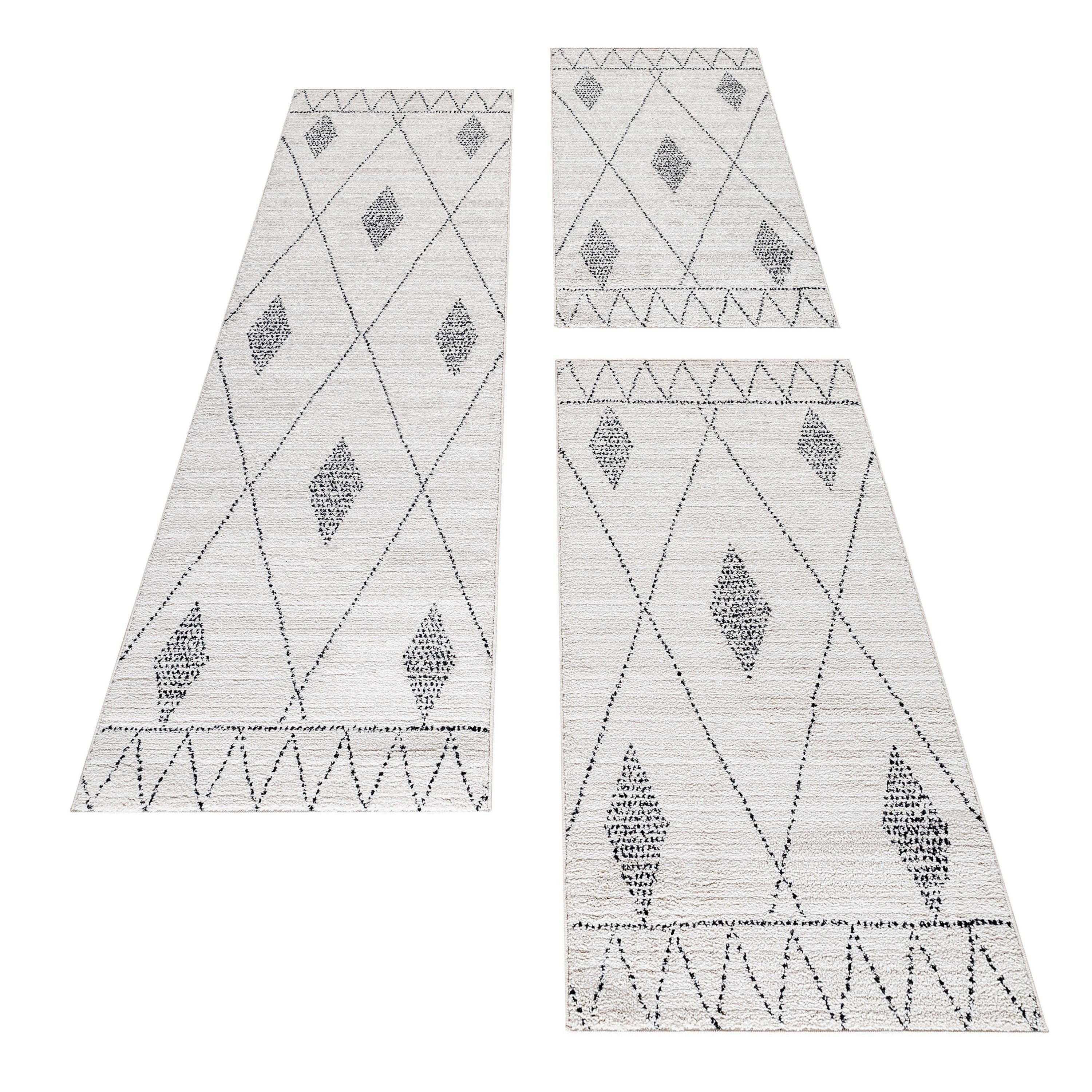Läufer Set ROKKO Teppich Bettumrandung Berber Stil Muster Raute 3 Teile
