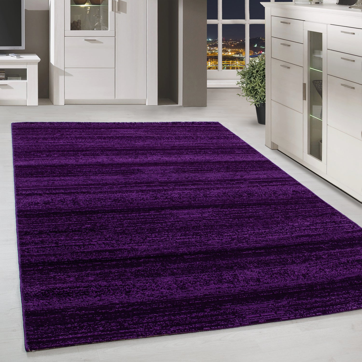 Kurzflor Design Teppich Einfarbig Streifen Muster Lila Meliert Wohnzimmerteppich