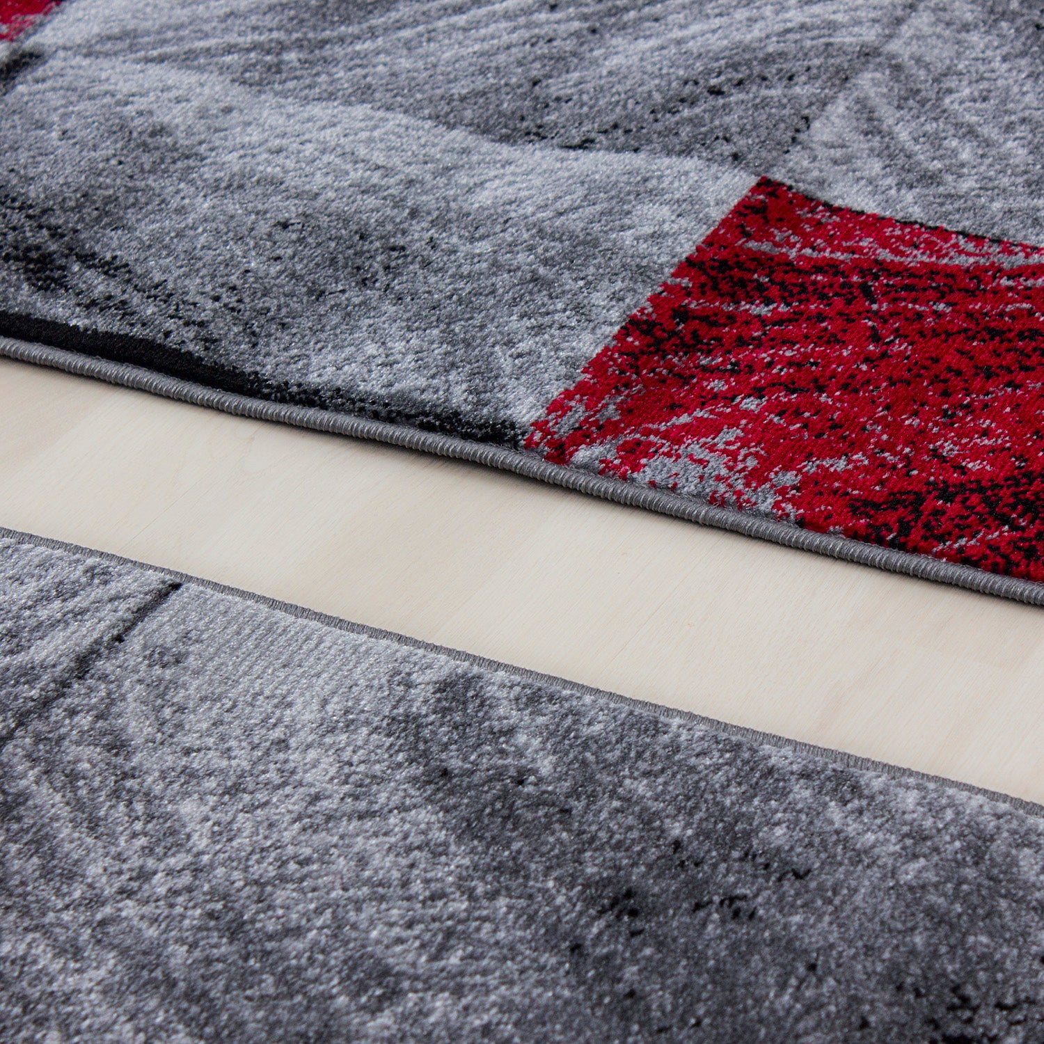 Teppich Bettumrandung 3 Teile Kurzflor Läufer Set Karo Muster Rot Grau Meliert