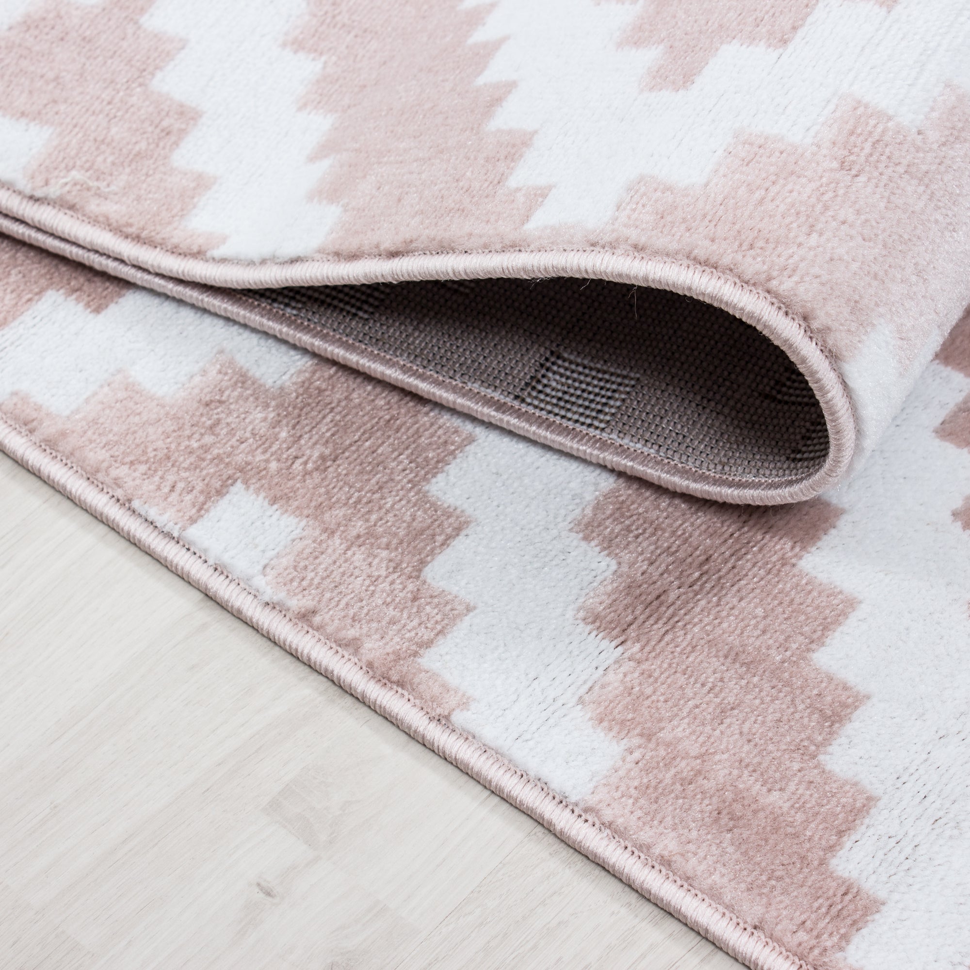 Teppich Bettumrandung 3 Teile Kurzflor Läuferset Karo Muster Pink Weiss Meliert