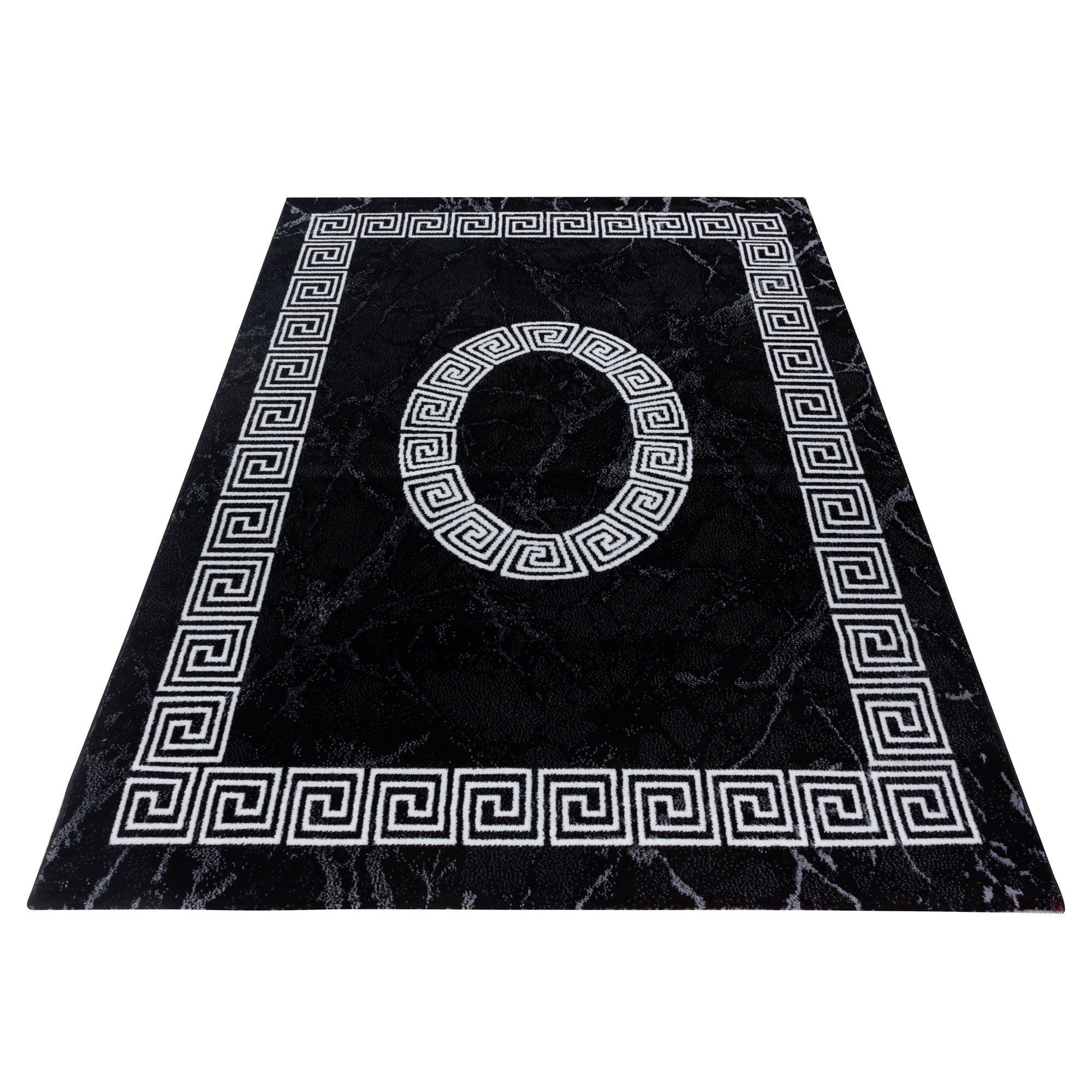 Kurzflor Design Teppich Griechisches Ornament Muster Troja Grau Schwarz Meliert