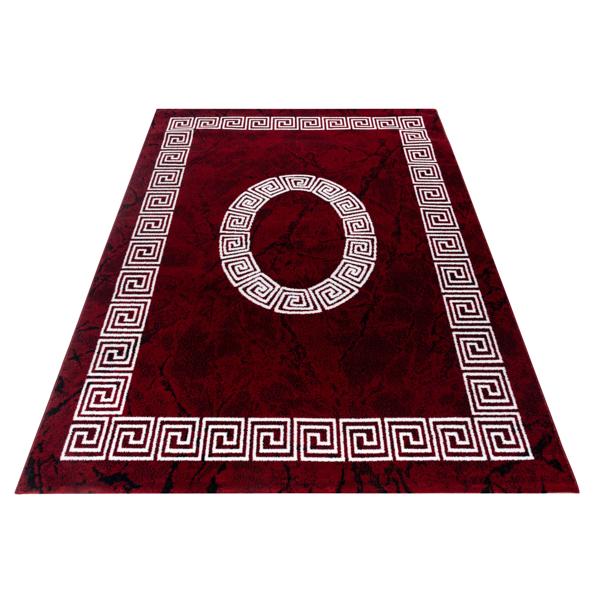 Kurzflor Design Teppich Griechisches Ornament Muster Troja Rot Schwarz Meliert