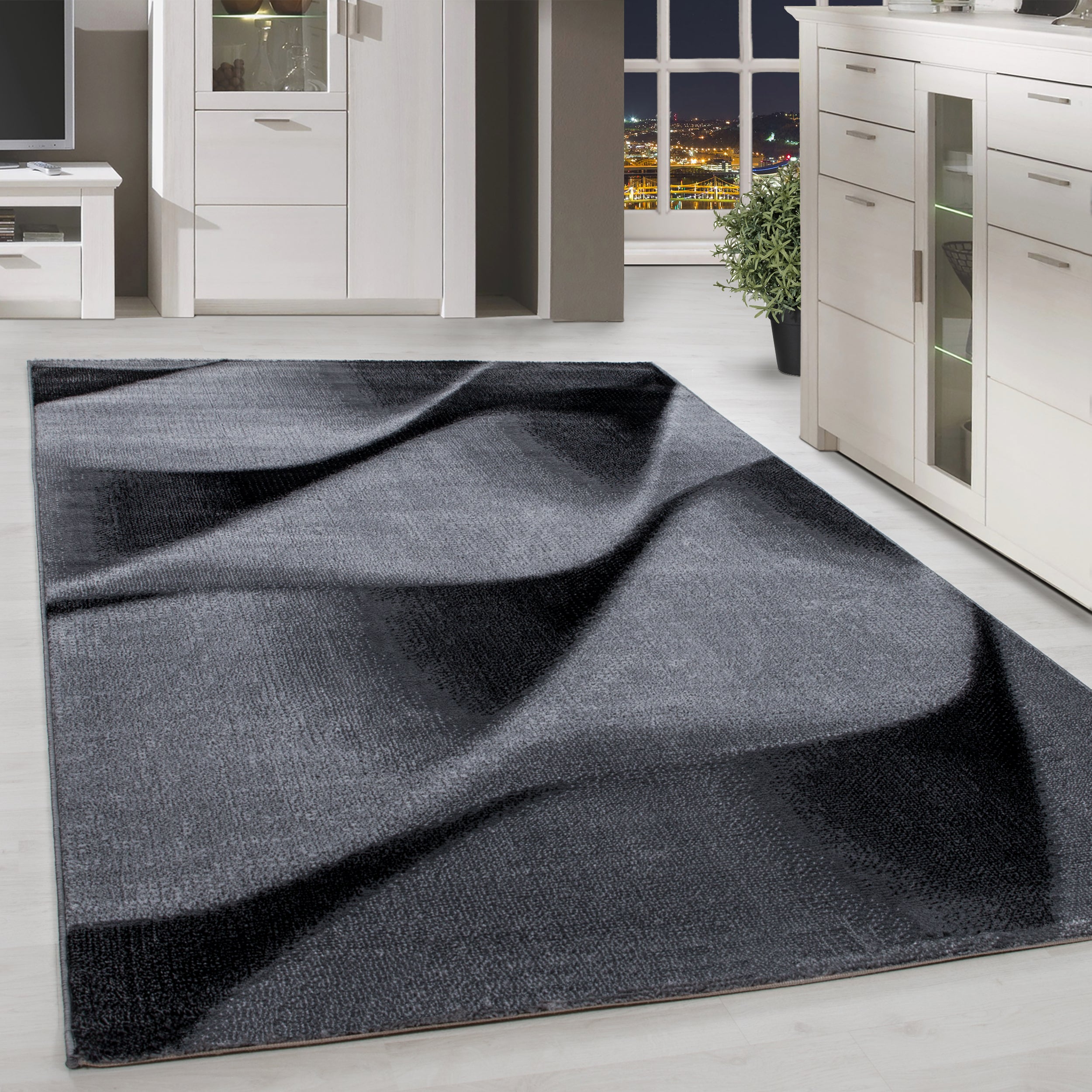 Kurzflor Teppich Wellen Muster Grau Schwarz Meliert Wohnzimmer