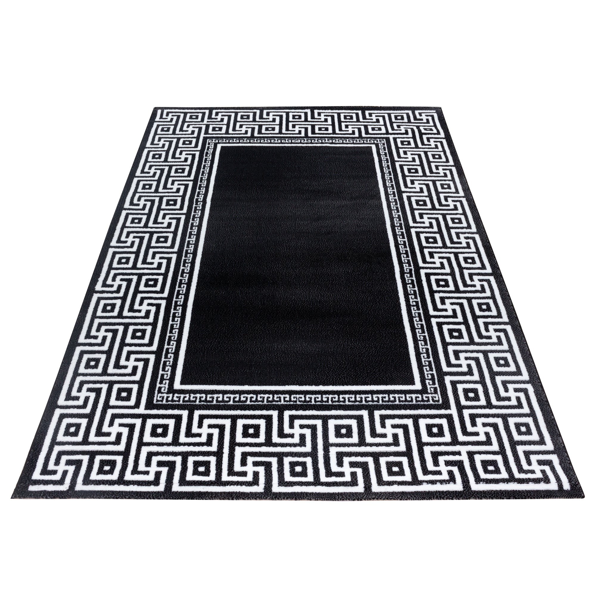 Moderner Kurzflor Teppich Griechiches Muster Bordüre Wohnzimmer Schwarz Meliert