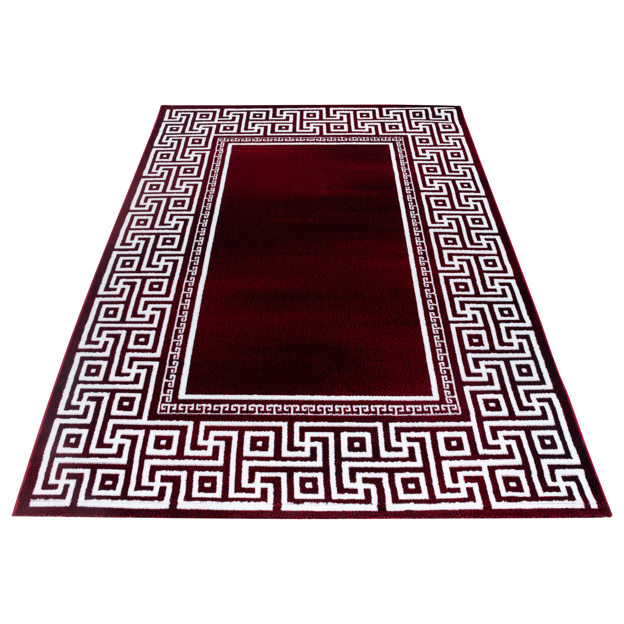 Moderner Kurzflor Teppich Griechiches Muster Bordüre Wohnzimmer Rot Meliert
