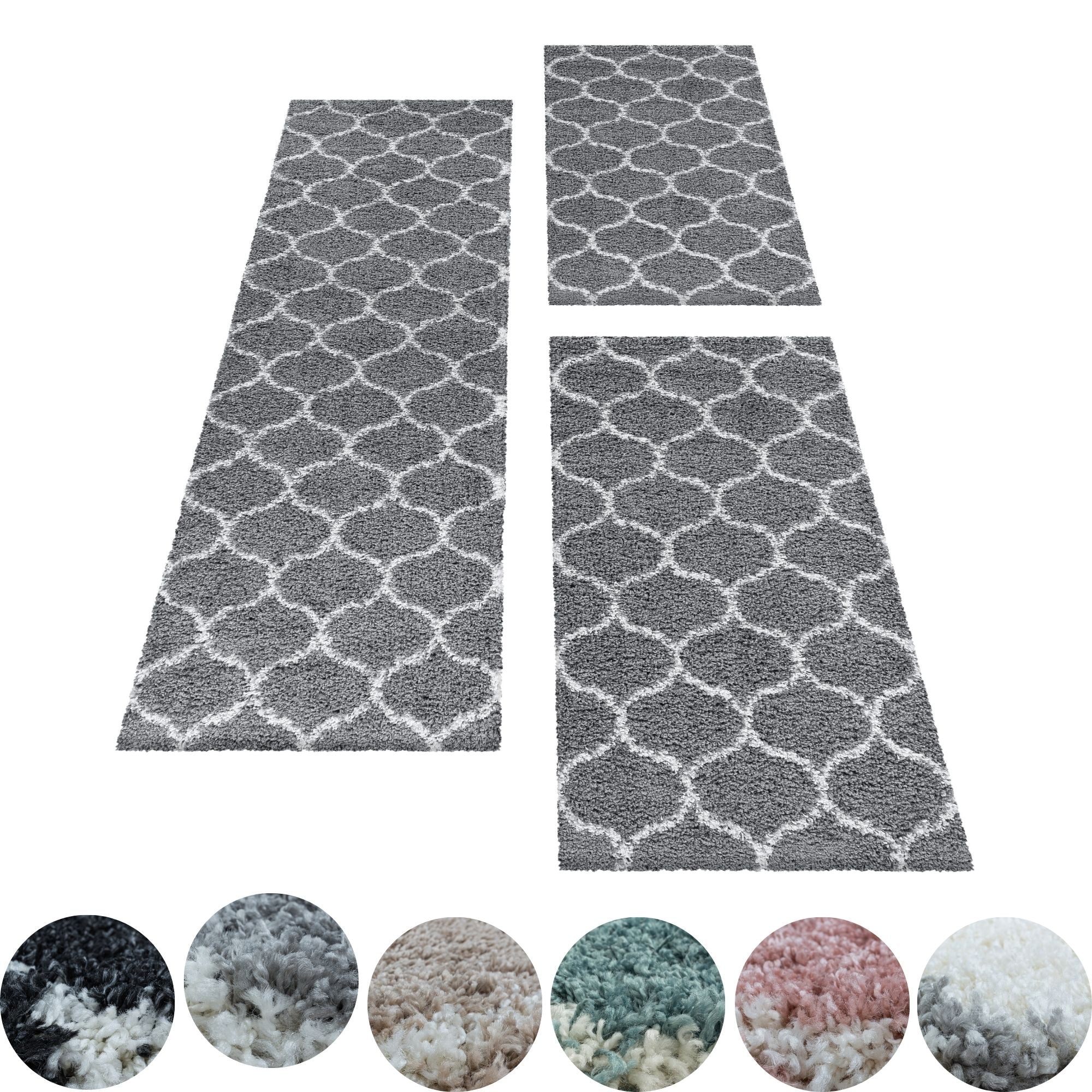 Design Teppich Set Shaggy Läufer Läuferset Muster Kachel Tile Jacquard 3 Teile