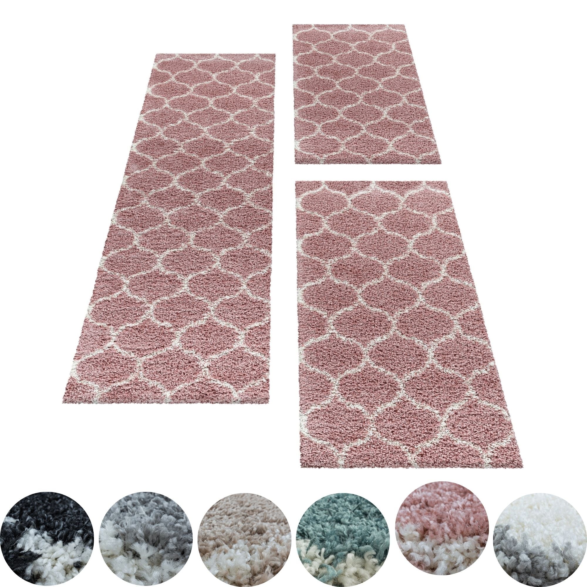 Design Teppich Set Shaggy Läufer Läuferset Muster Kachel Tile Jacquard 3 Teile