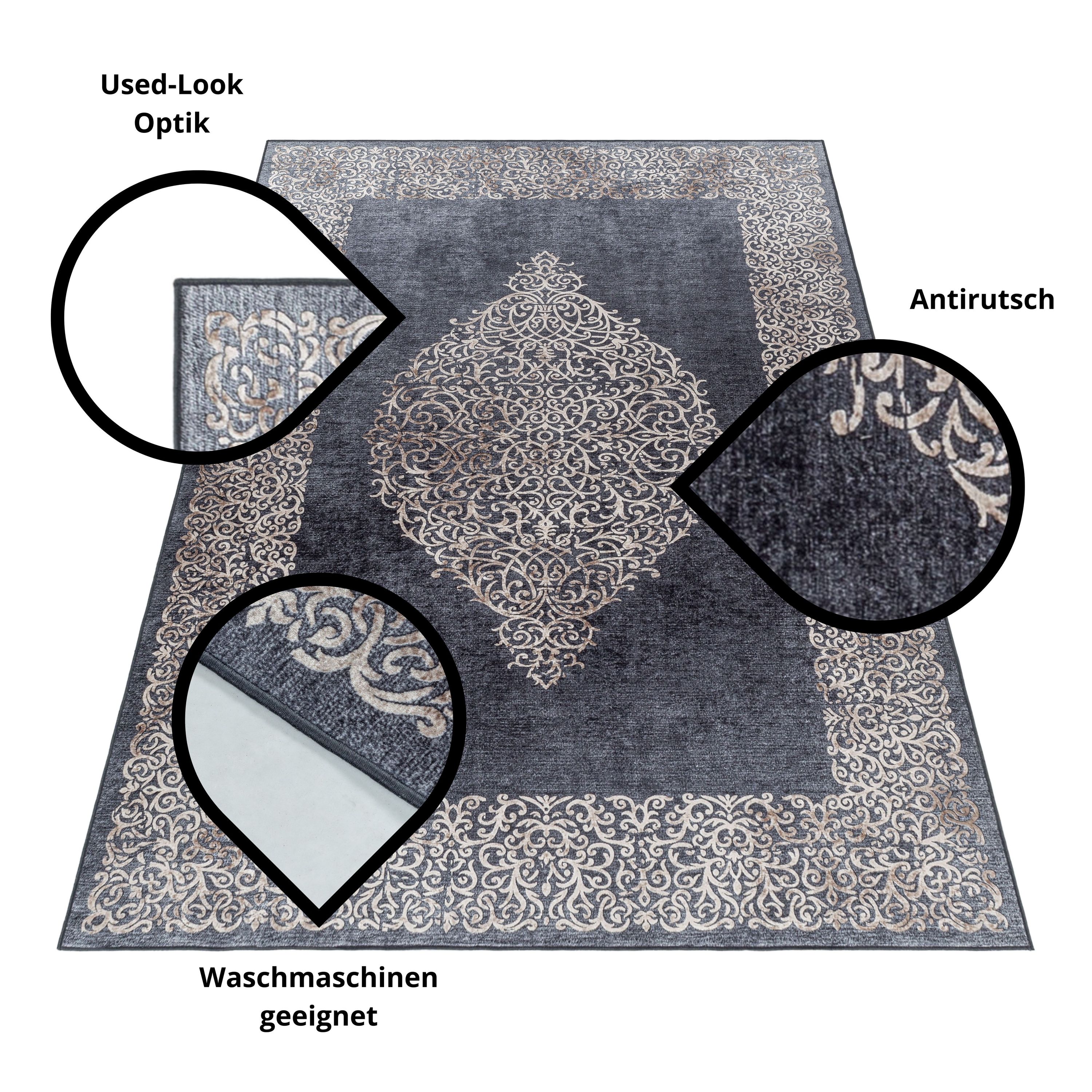 Teppich Antirutsch Vintage Waschbar Wohnzimmerteppich Orient Medaillon Schwarz