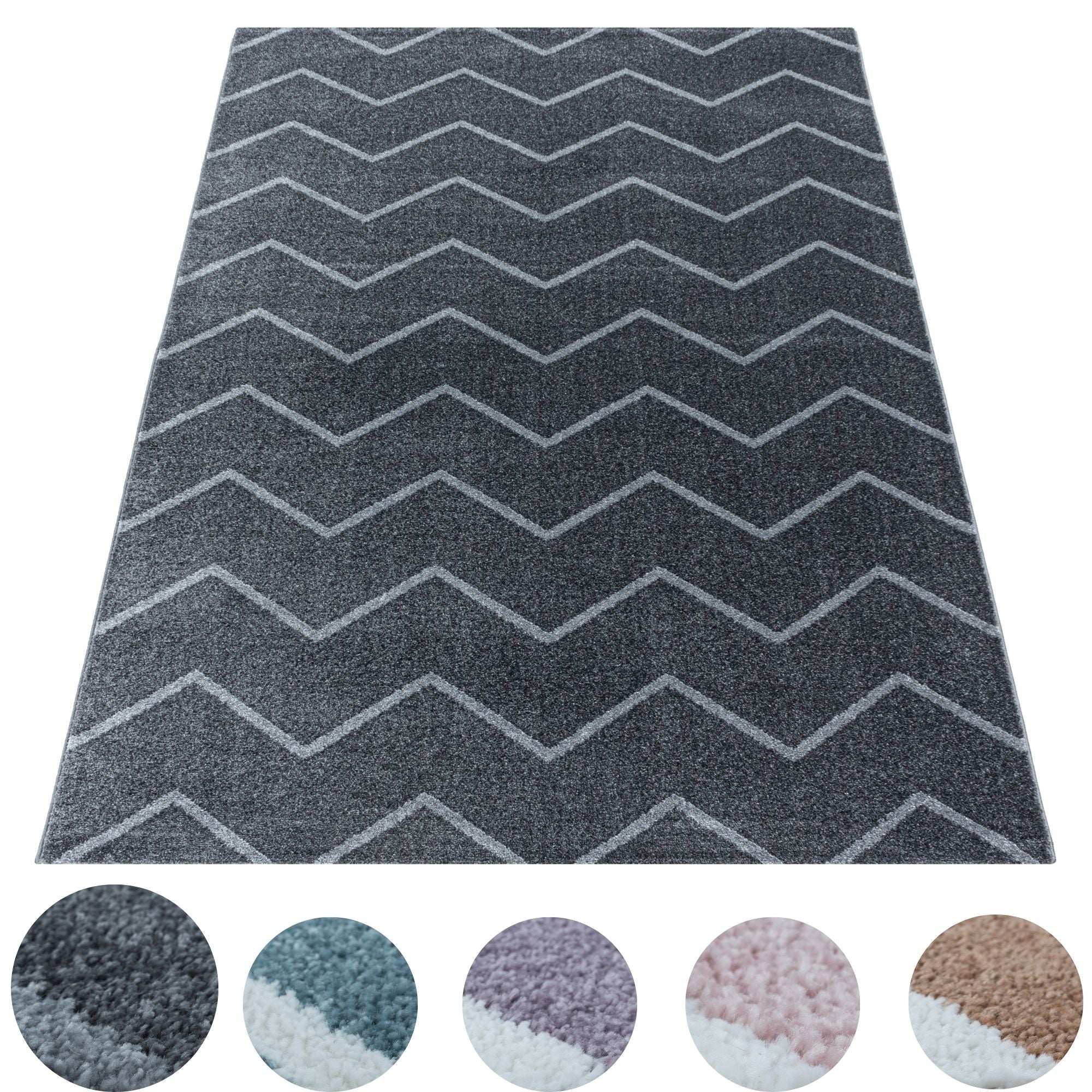 Kurzflor Teppich Grau Wellen Linien Design Wohnzimmerteppich Kinderteppich